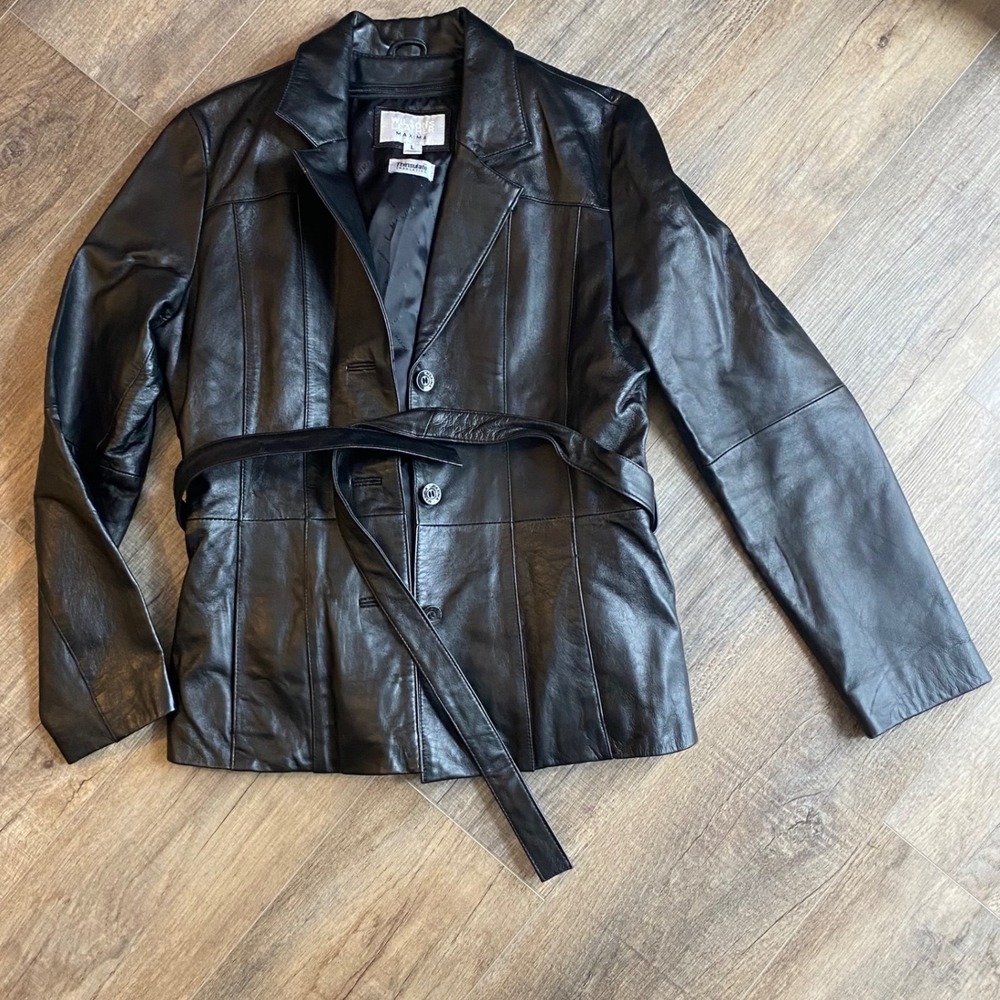 Wilsons Leather Maxima Womens Black Leather Belted Trench Coat‎ Thinsulate Large